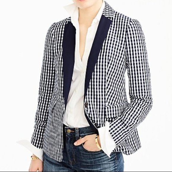 NWT J.Crew Puckered Gingham Blazer Jacket Navy 4